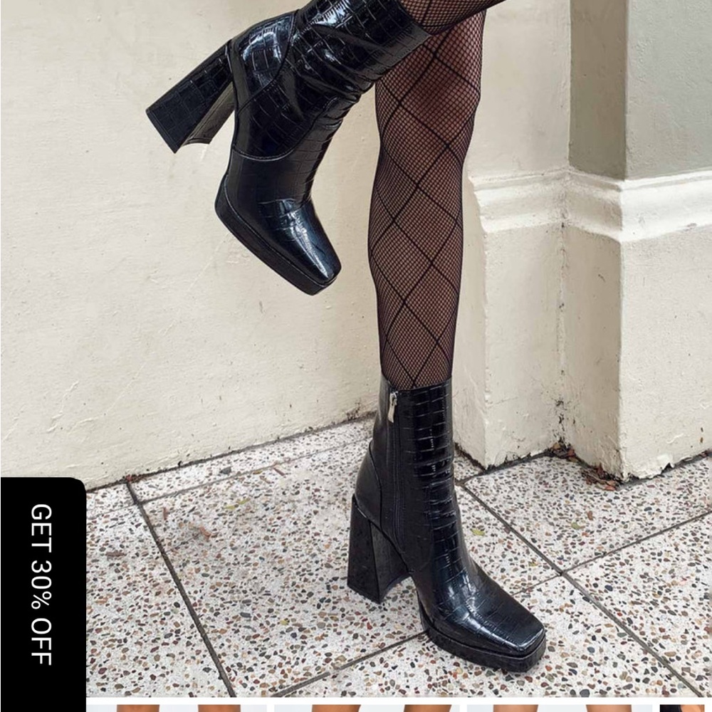 Black Croc-Embossed Ankle Boots